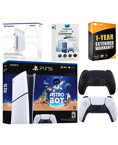 Sony PlayStation 5 Astro Bot Slim Digital Bundle with Disc Drive, Extra Controller, MightySkins Voucher and 1 Year Extended Warranty - Chroma Pearl