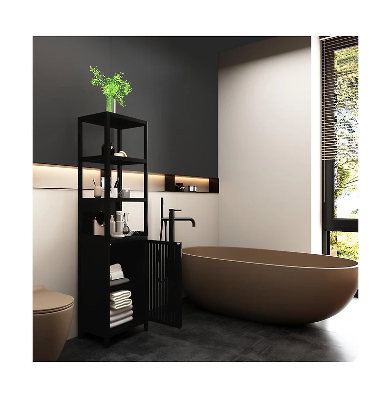 Chic Crate Black Slim Tall Cabinet Shutter Door +3 Tier Shelves | Freestanding Linen Tower | Bathroom/Kitchen/Living Room | Bamboo