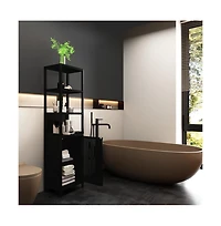 Chic Crate Black Slim Tall Cabinet Shutter Door +3 Tier Shelves | Freestanding Linen Tower | Bathroom/Kitchen/Living Room | Bamboo