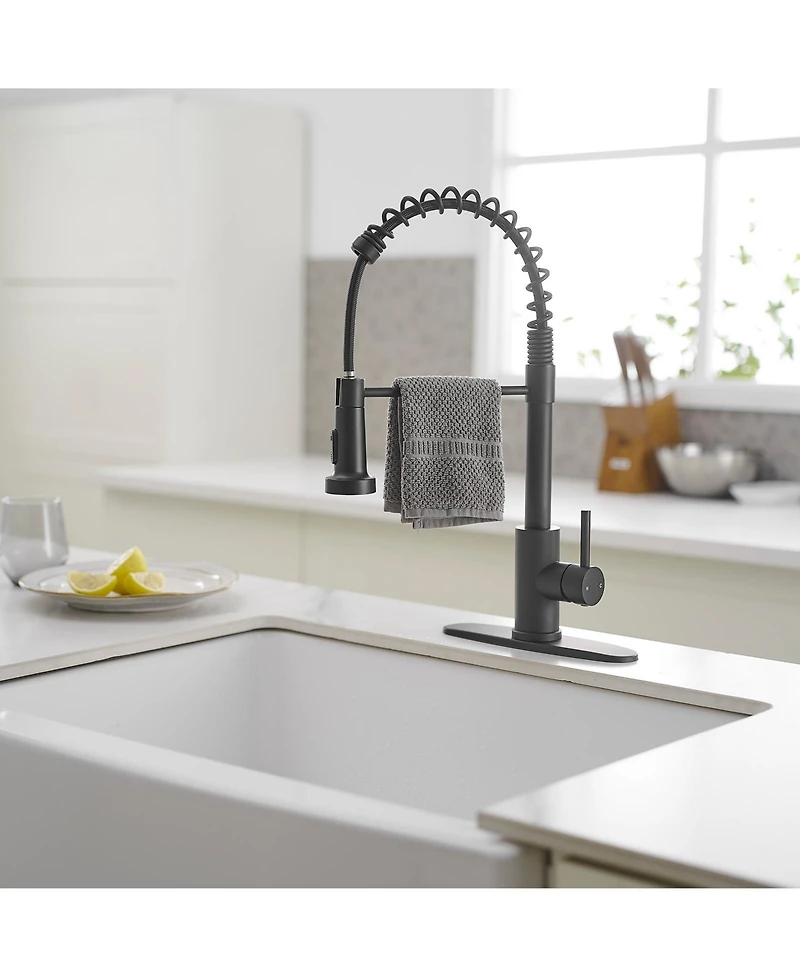 Greenspring Single-Handle Pull-Down Sprayer High Arc Kitchen Faucet With Deck Plate in Matte Black