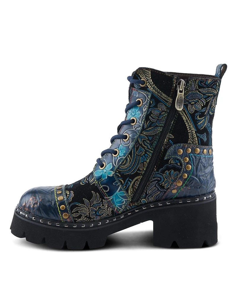 L Artiste Women s Severity Hand-Painted Lace-Up Combat Boot with Studs, Suede Shaft, and Lug Sole