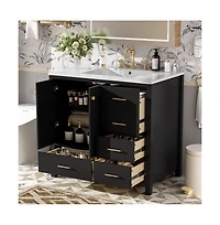Chic Crate-36In Bathroom Vanity Ceramic Sink w/4 Drawers & Soft-Close Doors | Solid Wood Frame | Freestanding | Black