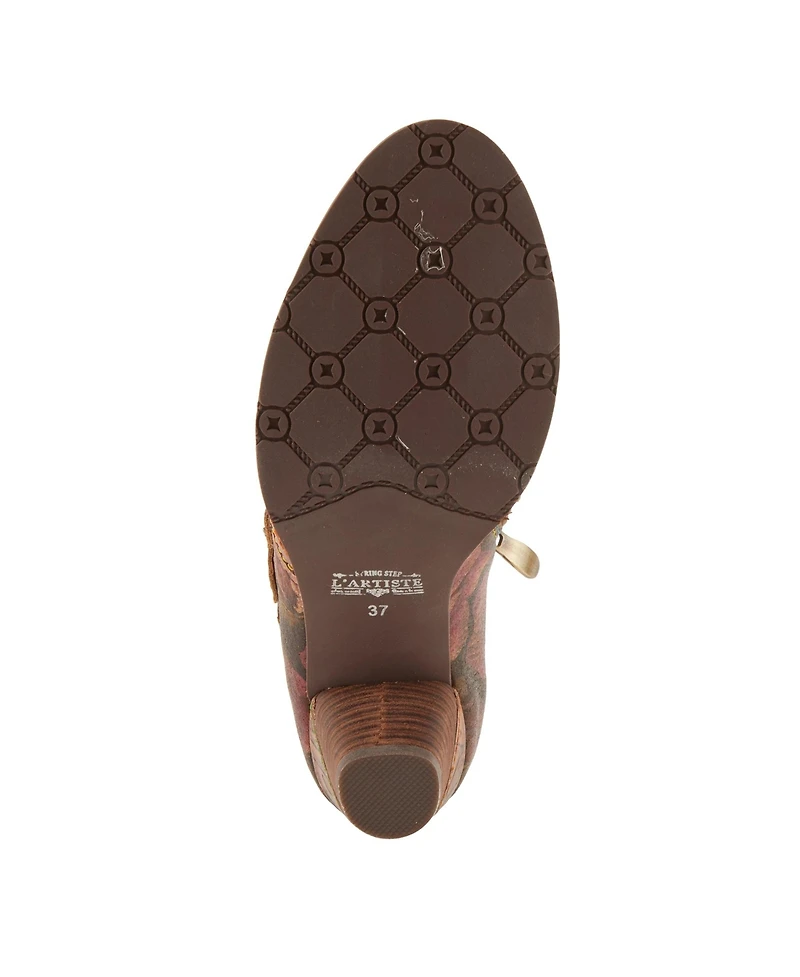 L Artiste Women s Graphic Handpainted Floral Leather Shooties with Antique Buckle and Stacked Heel
