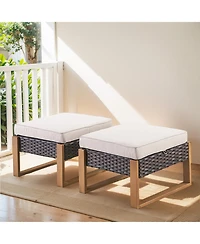 Gymojoy CubeEdge 2-Piece Wicker Outdoor Ottoman Patio Rattan Footrest Seat Steel Frame Foostool with Removable Olefin Cushions
