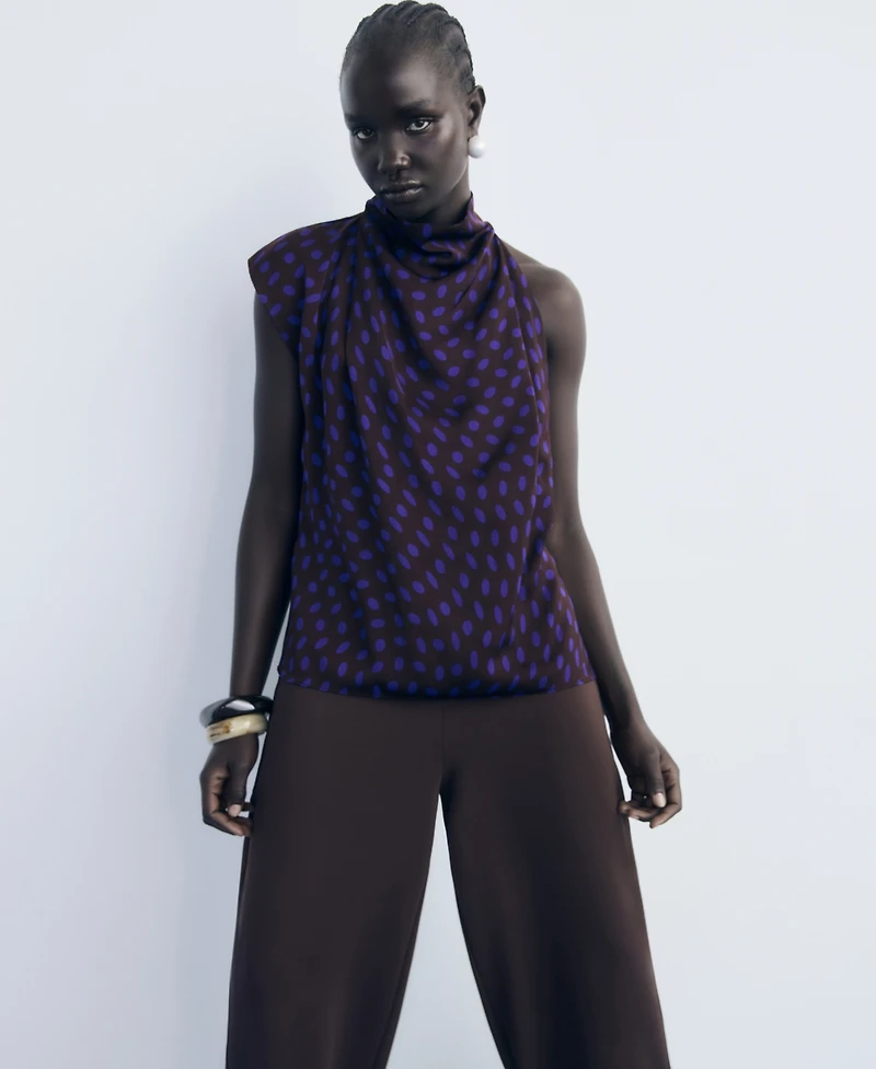 Mango Women's Draped Collar Polka-Dot Blouse
