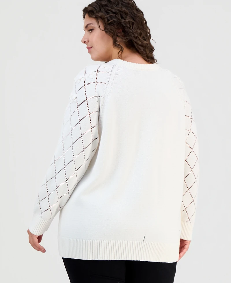 Anne Klein Plus Size Floral Pointelle-Sleeve Sweater