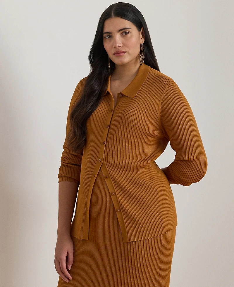 Lauren Ralph Plus Rib-Knit Long-Sleeve Polo Cardigan