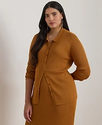 Lauren Ralph Plus Rib-Knit Long-Sleeve Polo Cardigan