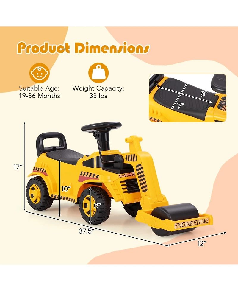 Gymax Kids Ride on Road Roller w/ Adjustable Roller Engine Sound Under-Seat Storage