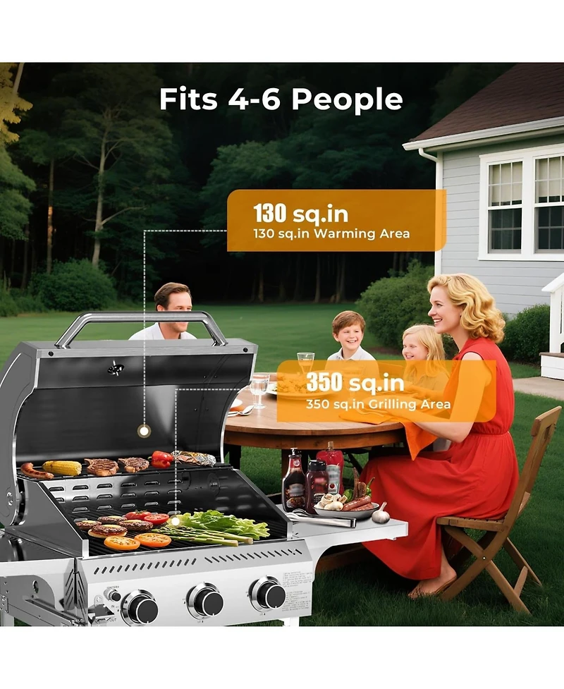 Cowsar Food Grade Stainless Steel 3-Burner Propane Gas Grill, 24000BTU , Foldable Side Table, Barbecue Grill for Outdoor Cooking, Backyard, Patio
