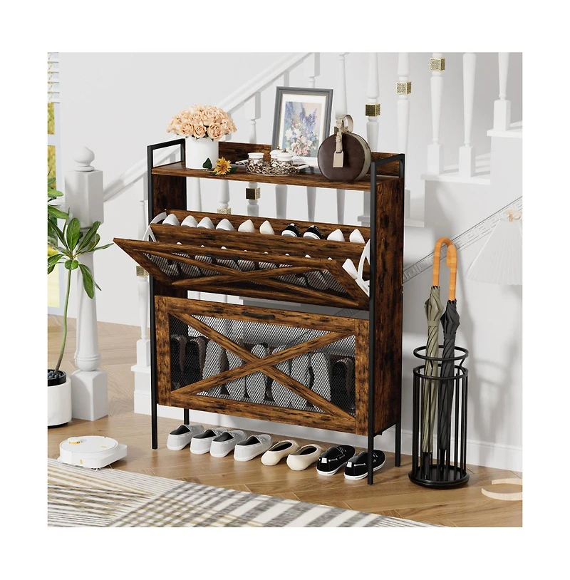 Chic Crate-2-Drawer Flip-Top Shoe Cabinet Narrow | Entryway | Metal Legs | Rustic Brown | 31.5inx8.5inx39.5in