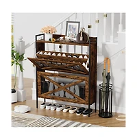 Chic Crate-2-Drawer Flip-Top Shoe Cabinet Narrow | Entryway | Metal Legs | Rustic Brown | 31.5inx8.5inx39.5in