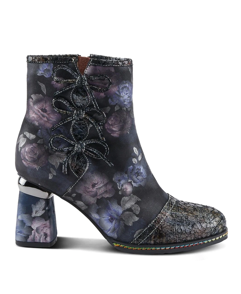 L'Artiste Women's Carre Floral Print Leather Booties with Metallic Cap Toe, Decorative Ribbons, Rainbow Stitching, and Printed Wrapped Heel – F