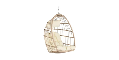 Flynama 55 Inch Khaki Rattan Egg Swing Chair with Stand and Beige Cushion
