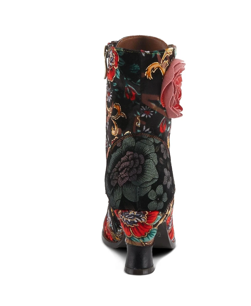 L Artiste Women s Roselia Lace-Up Floral Tapestry Boots with Sculpted Heel and Inside Zipper