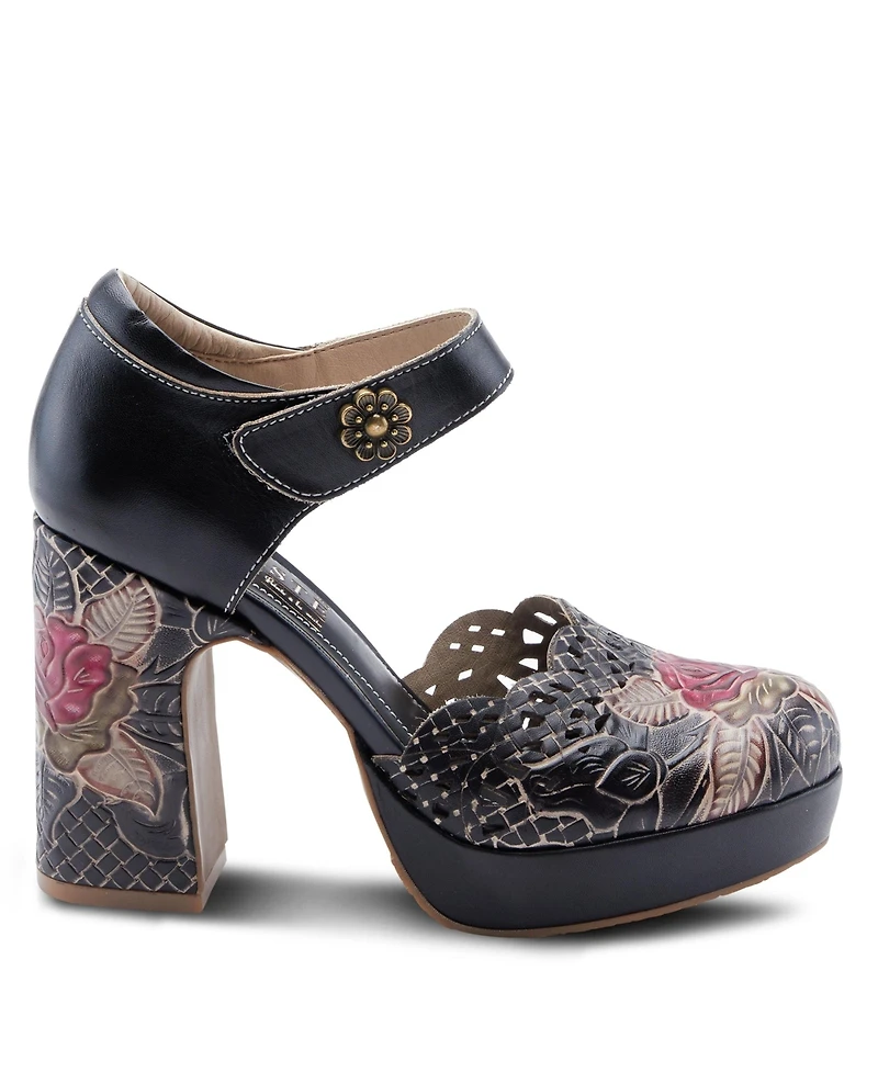 L'Artiste Women's Debbihary Hand-Painted Leather Mary Jane Pumps with Rose Embossing, Cutouts, Adjustable Strap, and 4-Inch Leather-Wrapped Heel – Ele