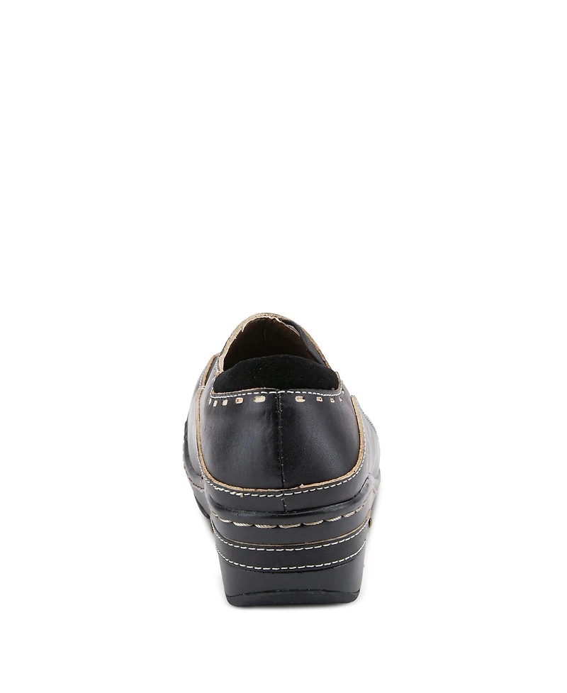 L Artiste Women s Burbank Hand-Painted Leather Clogs with Floral Embossing and Elastic Insets