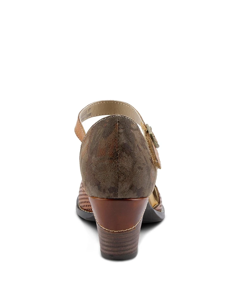 L'Artiste Women's Adodora Floral Tapestry Mary Jane Heels with Hook-and-Loop Strap, Scalloped Edges, Decorative Buckle, Cushioned Insole, and Flexible