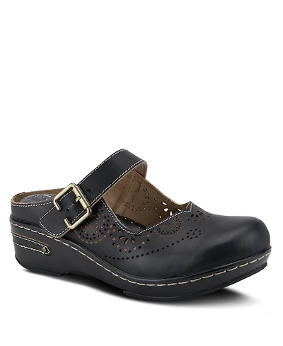 L Artiste Women s Aneria Hand-Painted Leather Clogs with Floral Laser Cutouts, Adjustable Buckle & Contrast Stitching