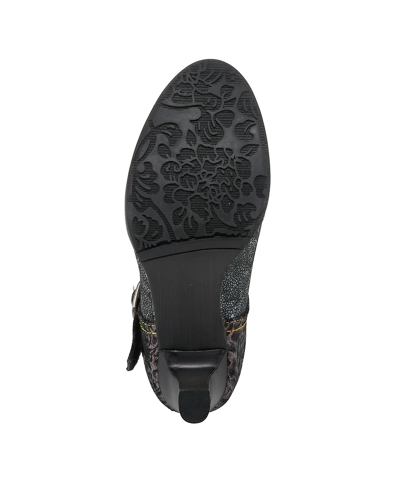 L Artiste Women s Mazie Closed-Toe T-Strap Heels Floral Metallic and Mosaic Leather with Decorative Buckle Stacked Heel – French-Inspire