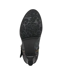 L Artiste Women s Mazie Closed-Toe T-Strap Heels Floral Metallic and Mosaic Leather with Decorative Buckle Stacked Heel – French-Inspire