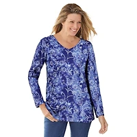 Woman Within Plus Size Perfect Printed Long-Sleeve V-Neck Tee