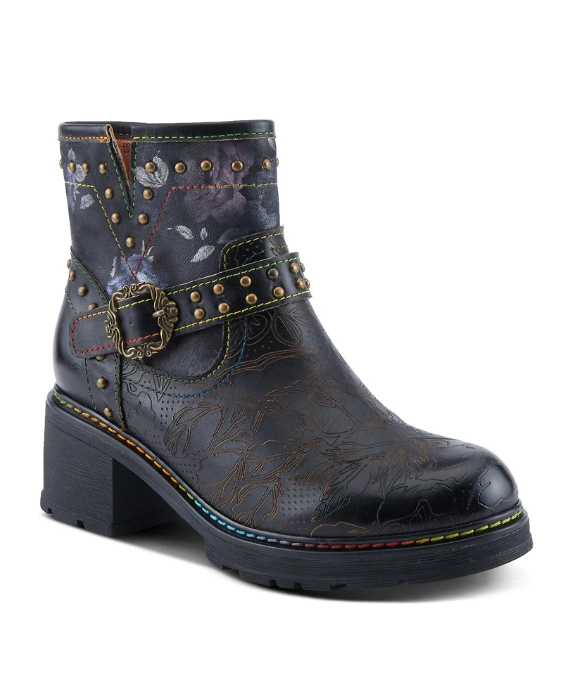 L'Artiste Women's Branchout Hand-Painted Leather Booties with Etched Botanical Motifs, Studded Buckle Strap, Inside Zipper, and Rainbow Stitching