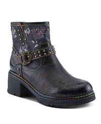 L'Artiste Women's Branchout Hand-Painted Leather Booties with Etched Botanical Motifs, Studded Buckle Strap, Inside Zipper, and Rainbow Stitching
