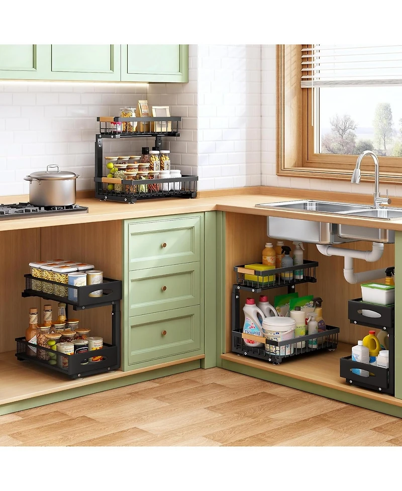 Under Sink Organizer, 2 Tier Pull Out Cabinet Organizer Baskets with Mesh Sliding Drawers, Slide Out Storage Shelf for Home, Kitchen, Bathroom, Pantry