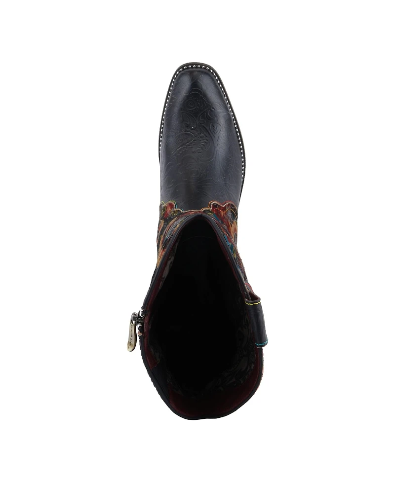 L Artiste Women s Rodeoqueen-viv Western Tall Boots with Embossed Leather, Floral Velvet Shaft, and Stacked Heel