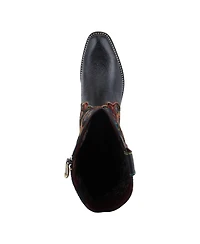 L Artiste Women s Rodeoqueen-viv Western Tall Boots with Embossed Leather, Floral Velvet Shaft, and Stacked Heel