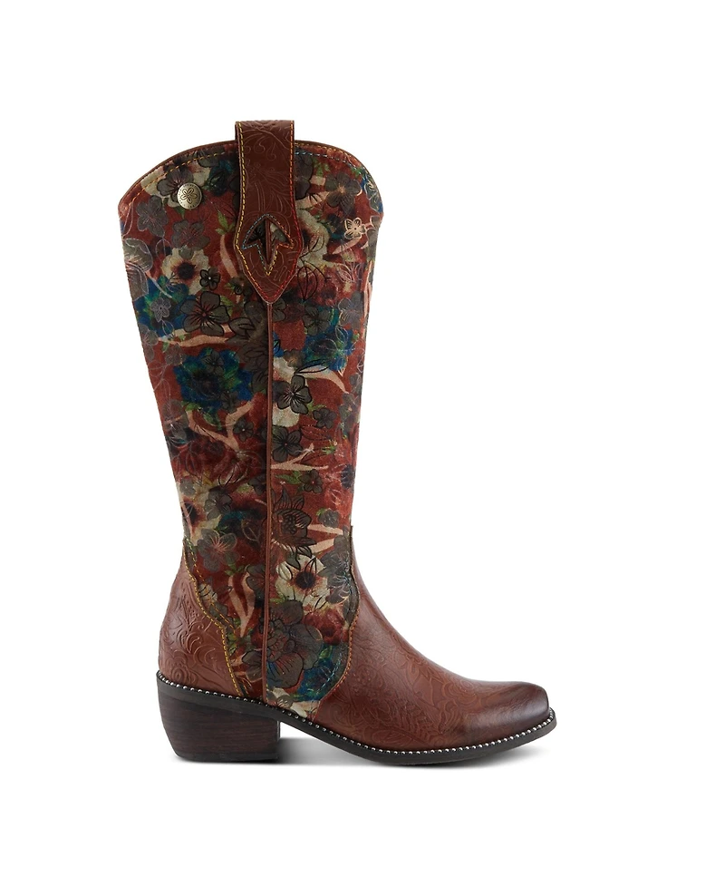 L Artiste Women s Rodeoqueen-viv Western Tall Boots with Embossed Leather, Floral Velvet Shaft, and Stacked Heel