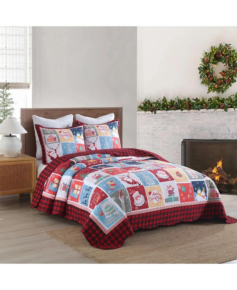 MarCielo 3 Pcs Festive Christmas Quilt Bedspread Set Holiday Bedding for Your Bedroom
