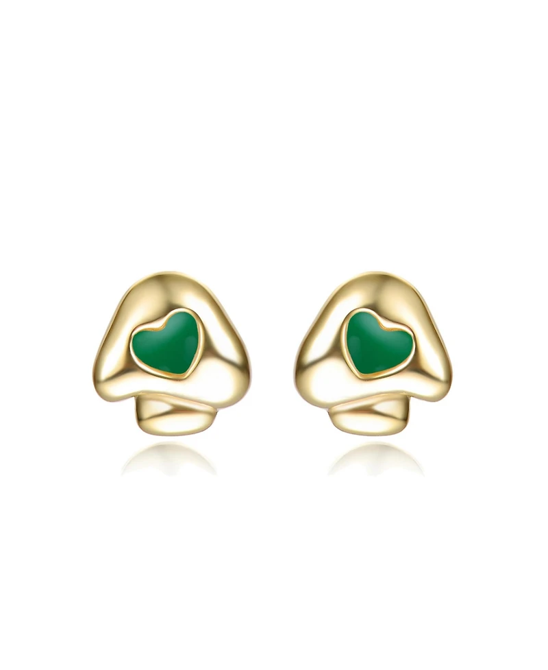 GiGiGirl 14K Gold Plated with Green Enamel or White Mother Of Pearl Heart Mushroom Design Stud Earrings