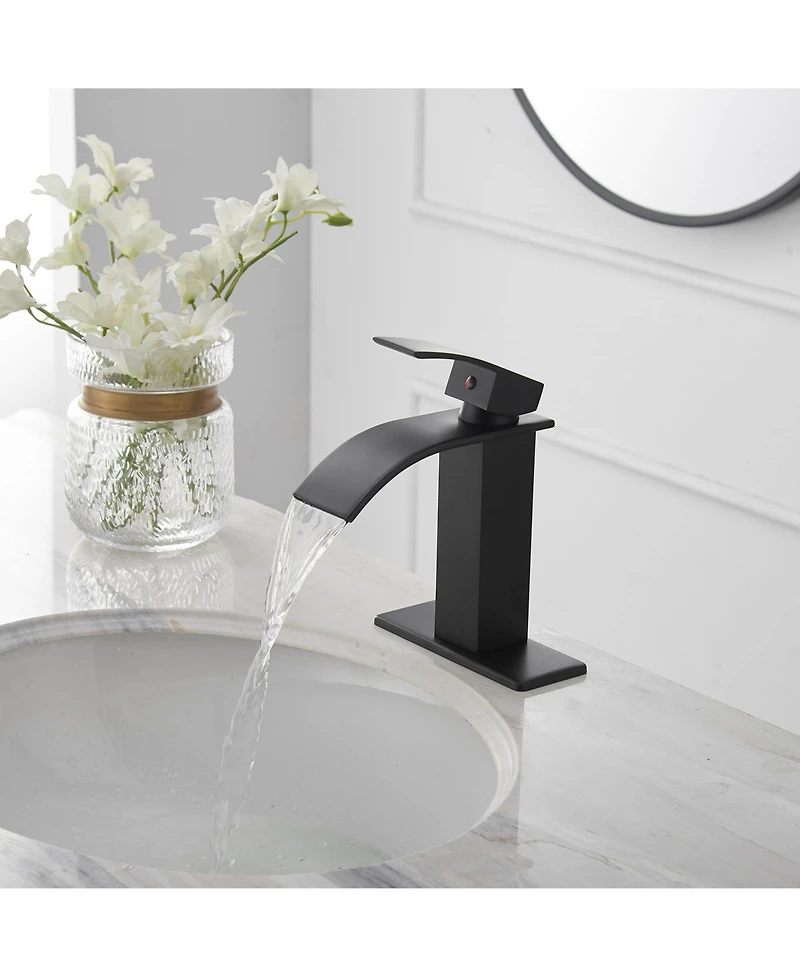 Greenspring Waterfall Single Handle Hole Modern Bathroom Faucet With Metal Drain Drip-Free Vanity Sink Brushed Gold
