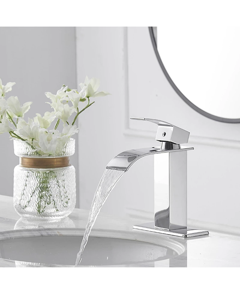 Greenspring Waterfall Single Handle Single Hole Modern Bathroom Faucet With Metal Drain Drip-Free Vanity Sink Faucet in Brushed Gold