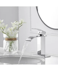 Greenspring Waterfall Single Handle Single Hole Modern Bathroom Faucet With Metal Drain Drip-Free Vanity Sink Faucet in Brushed Gold
