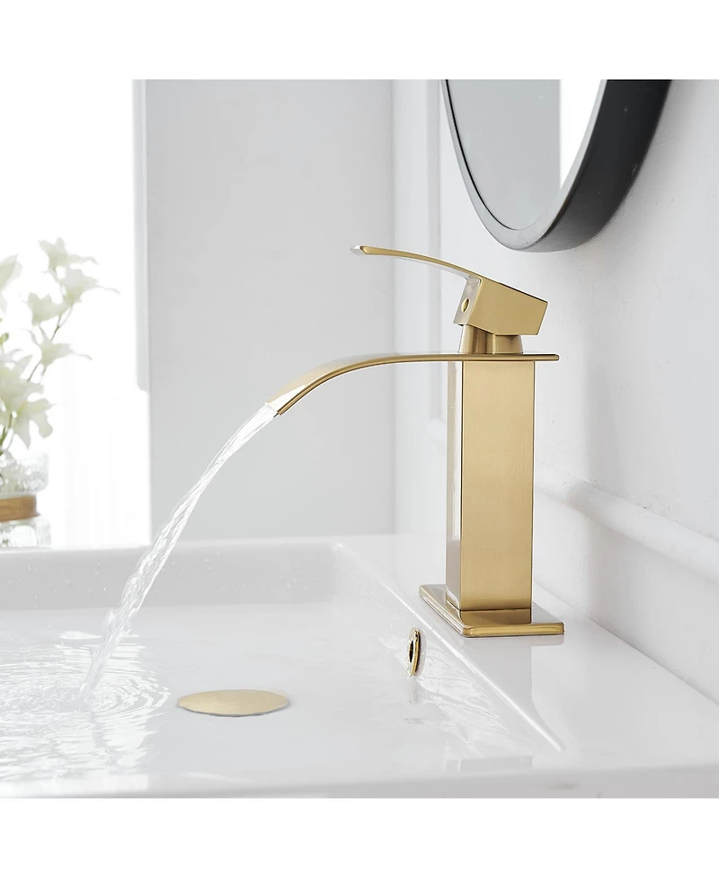 Greenspring Waterfall Single Handle Hole Modern Bathroom Faucet With Metal Drain Drip-Free Vanity Sink Brushed Gold