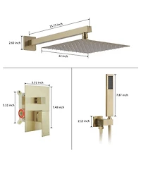 Luxurious Single Handle 2-Spray 12 in. Wall Mount Square Shower Head with Hand Shower Faucet in Brushed Gold