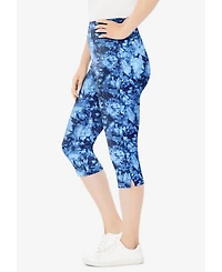 Woman Within Plus Stretch-Cotton Knit Pull-On Printed Capri Leggings
