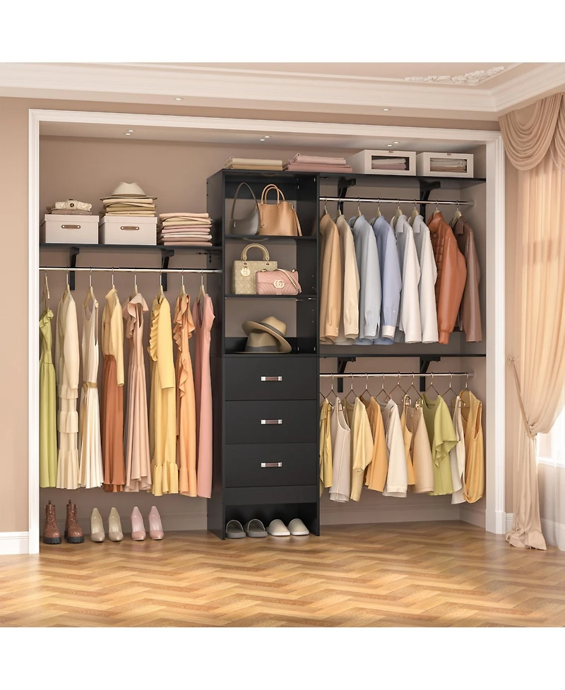 8FT Walk Closet Organizer with 3 Shelving Towers, Heavy Duty Clothes Rack Drawers