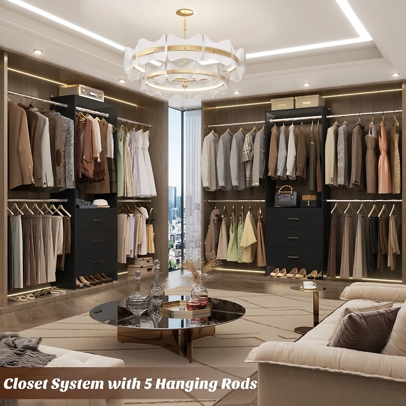 2-8 Ft Adjustable Closet System with 3 Wood Drawers and 4 Retractable Hanging Rods