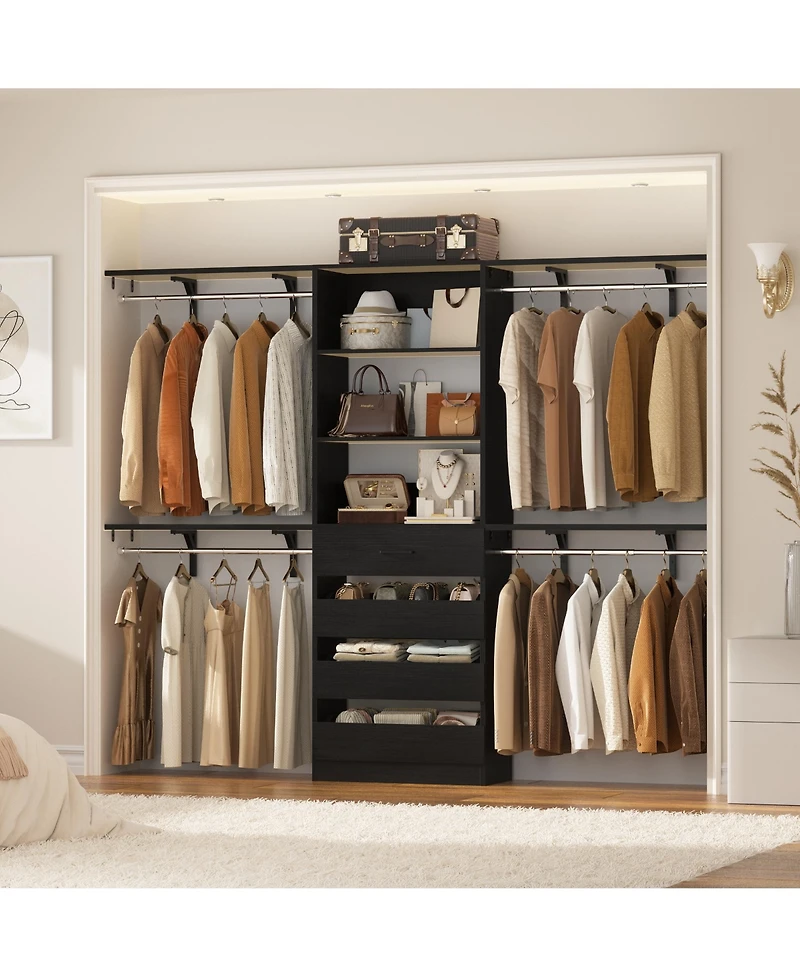 Aheaplus 96 inches Closet Organizer System with 4 Reversible Shelves and Wood Drawers, Wardrobe Clothes Rack Hanging Rods
