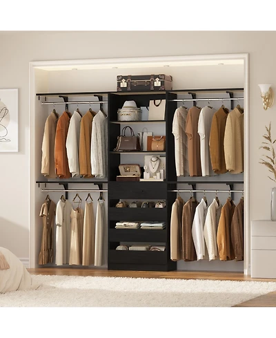 Aheaplus 96 inches Closet Organizer System with 4 Reversible Shelves and Wood Drawers, Wardrobe Clothes Rack Hanging Rods