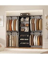 Aheaplus 96 inches Closet Organizer System with 4 Reversible Shelves and Wood Drawers, Wardrobe Clothes Rack Hanging Rods
