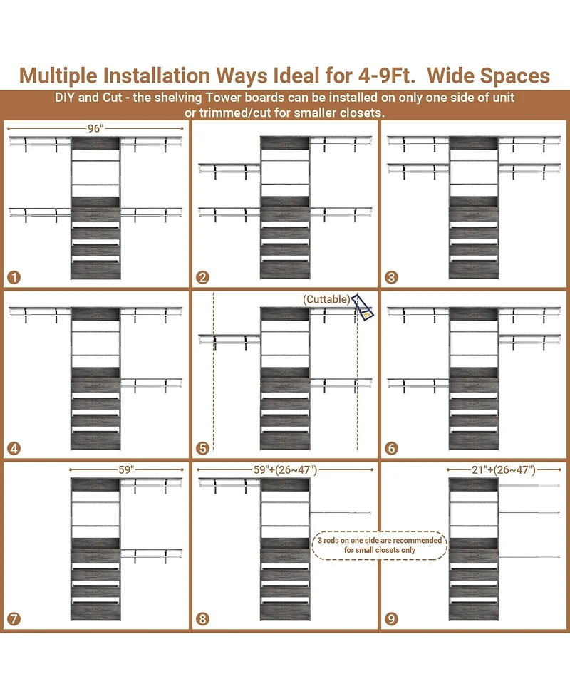 Aheaplus 96 inches Closet Organizer System with 4 Reversible Shelves and Wood Drawers, Wardrobe Clothes Rack Hanging Rods