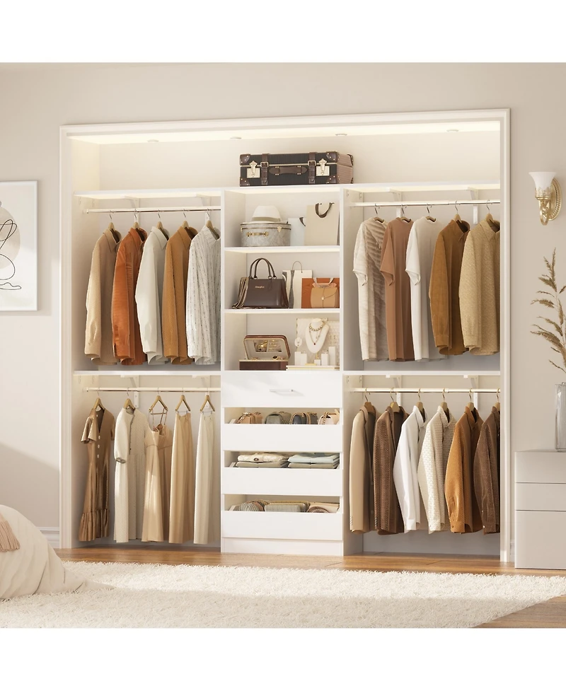 Aheaplus 96 inches Closet Organizer System with 4 Reversible Shelves and 4 Wood Drawers, Wardrobe Clothes Rack with 4 Hanging Rods