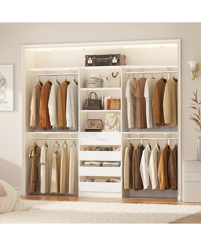 Aheaplus 96 inches Closet Organizer System with 4 Reversible Shelves and 4 Wood Drawers, Wardrobe Clothes Rack with 4 Hanging Rods