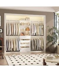 Aheaplus 96 inches Closet Organizer System with 4 Reversible Shelves and 4 Wood Drawers, Wardrobe Clothes Rack with 4 Hanging Rods