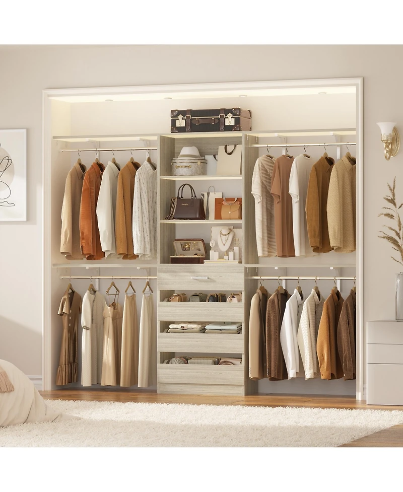 Aheaplus 96 inches Closet Organizer System with 4 Reversible Shelves and Wood Drawers, Wardrobe Clothes Rack Hanging Rods